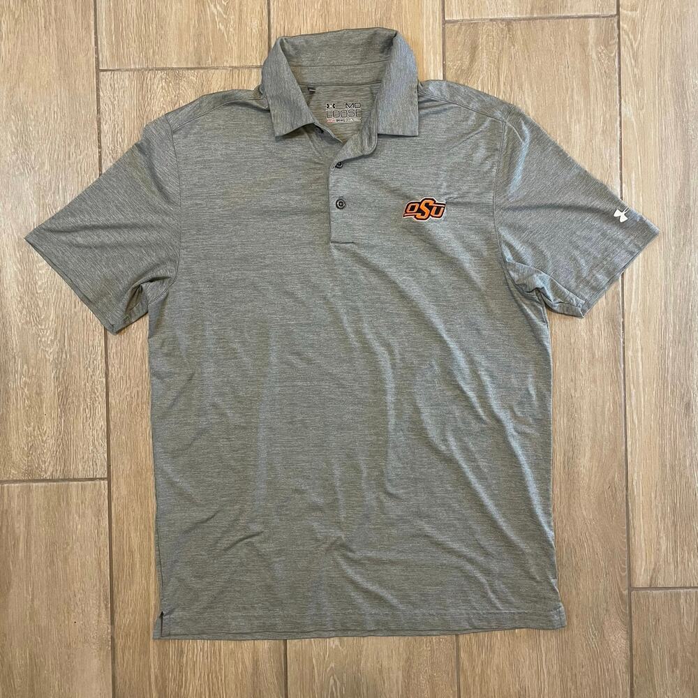 Under Armour Oklahoma State Cowboys Polo Mens M Gray OSU HeatGear Golf Shirt